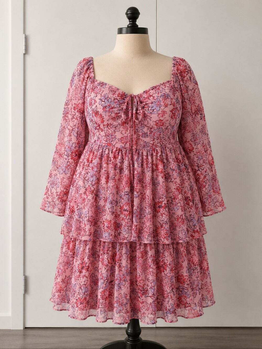 French Connection Tiered Pink Floral Long-Sleeve Mini Dress